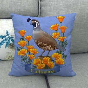 Detailed texture of linen pillowcase with California quail and poppy floral print