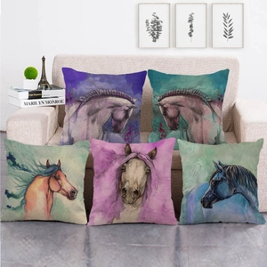 Leinen Wildpferd Muster Kissenbezug Künstlerisches Aquarell Wildpferd Porträt Quadratischer Kissenbezug Für Sofa Wohnzimmer Dekoration