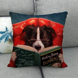 Detail of funny border collie reading a book print on a decorative linen pillow case