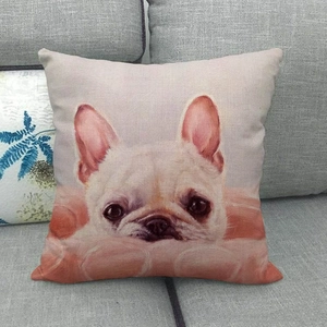 Detail of linen pillow cover featuring a high-quality French Bulldog oil painting print