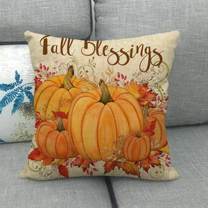Detail of Fall Blessings linen pillowcase featuring pumpkin and maple leaf patterns