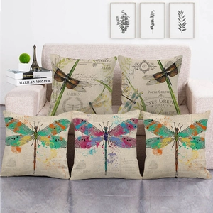 Housse de Coussin en Mélange de Lin Libellule Style Français Vintage Taie d'Oreiller Carrée Motif Botanique Rétro Décor Maison