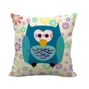Coussin carré style lin avec motif de hibou bleu et fleurs colorées pour canapé