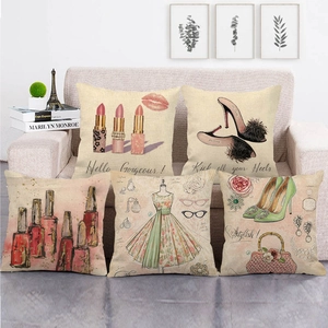 Fodera per Cuscino in Lino con Motivo Moda Acquerello Vintage Rossetti Tacchi a Spillo Borse Federa Quadrata Decorativa per Divano Casa Soggiorno