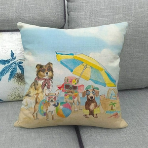 Detailed close-up of summer beach dog illustrations on high-quality linen cushion cover