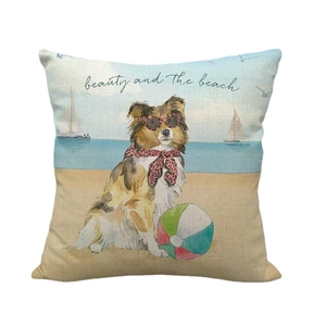Linen dog throw pillow cover featuring beach watercolor illustration and beauty and the beach text