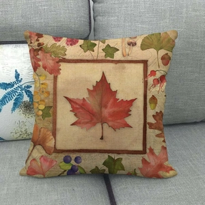 Linen decorative pillow cover with red maple leaf and autumn harvest natural print