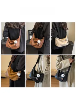 Collage of model wearing crescent saddle bags in brown, beige, yellow, and black colors