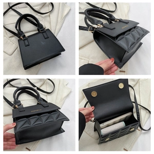 Detail views of black geometric quilted mini bag showing interior and golden hardware