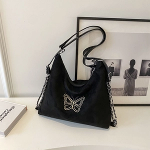 Women Shoulder Bag Faux Suede PU Leather Butterfly Embroidery Metal Chain Strap Retro Hobo Underarm Bag