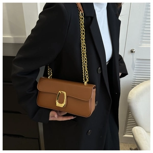 Close-up of brown crossbody bag featuring a golden trapezoid buckle and chain strap