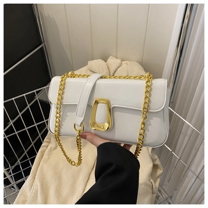 Close-up of white crossbody bag featuring a unique gold buckle and metal chain strap