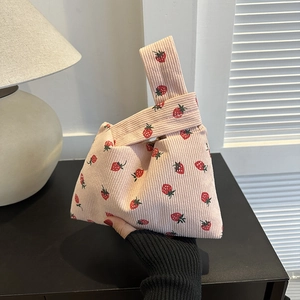 Mini Sac à Main en Velours Côtelé pour Femmes Nœud Imprimé Fraise Mignon Sac de Poignet Pochette Décontractée pour Shopping Quotidien Cadeau