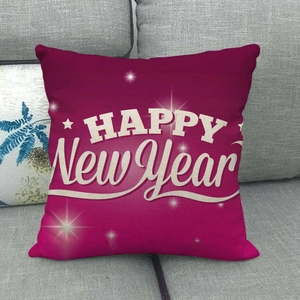 Bright magenta Happy New Year linen pillow cover with festive white star patterns