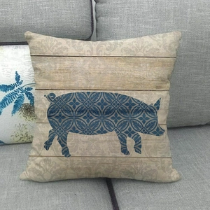 Détail du tissu en lin rustique avec motif de grain de bois et cochon géométrique