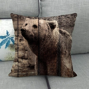 Detailed texture of linen pillowcase with realistic brown bear on wood grain background