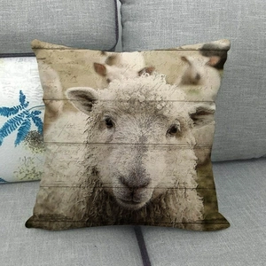 Detailed close-up of a rustic linen pillowcase featuring a realistic sheep and wood print