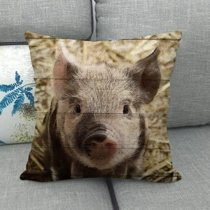 Detail of vintage pig pattern printed on linen pillowcase with rustic wood texture