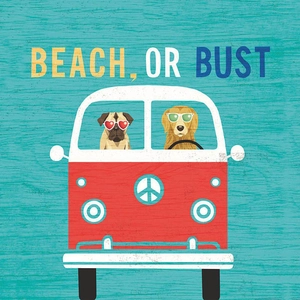 Cartoon summer beach travel linen pillowcase featuring a vintage red van and dogs