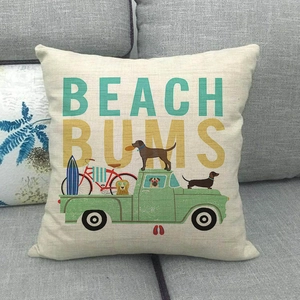 Detailed texture of linen throw pillow cover with vintage beach car and pet dogs print