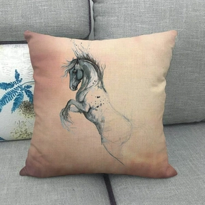 Macro detail of linen texture and artistic ink horse print on the square sofa pillowcase