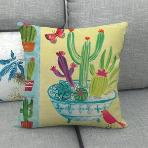 Green bird and cactus linen pillowcase for sofa with bird illustration and linen texture