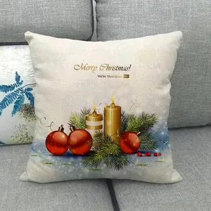 Detailed texture of linen Merry Christmas pillowcase with pine and candle print