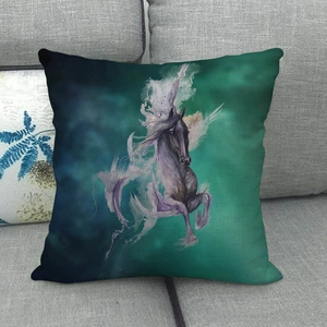 Artistic square linen pillowcase with running black horse design on green gradient background