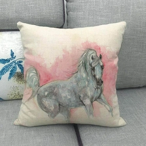 Artistic watercolor running horse print on a square linen throw pillow for sofa decor