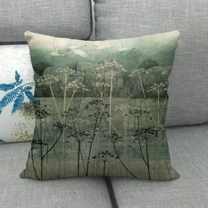 Detail of oil painting linen pillow cover featuring swans and wild floral landscape