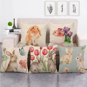 5er-Set Osterhasen-Kissenbezüge aus Leinen mit Aquarell-Blumenmustern für das Sofa