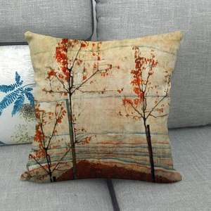 Detail of oil painting style autumn leaves printed on a linen square throw pillow cover