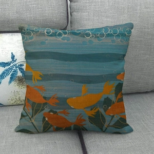 Detailed view of linen cushion cover with traditional koi fish and water ripple patterns