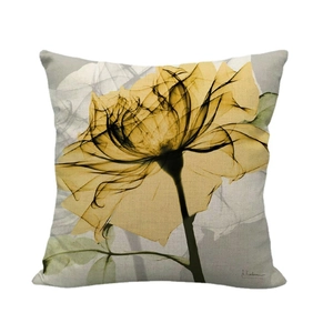 Housse de coussin en lin avec motif floral jaune rayons X sur fond blanc