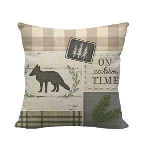Rustic cabin style linen pillow case with fox, pine trees and buffalo plaid pattern