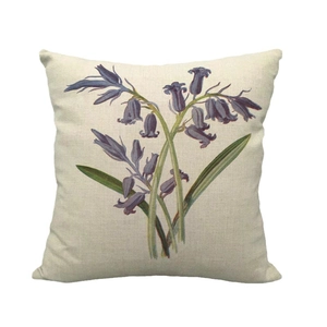 Linen square throw pillow cover featuring elegant blue floral bellflower print