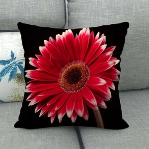 Macro detail of red gerbera daisy print on black linen pillow case on grey sofa