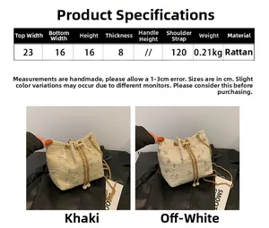Detailed size parameters and straw bucket bag with floral embroidery and chain