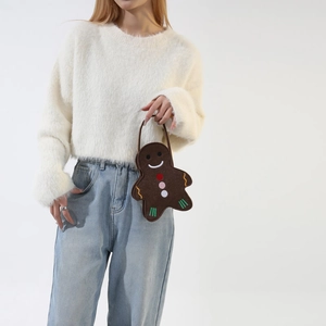 Cute gingerbread man felt handbag with embroidery and top handle for women