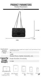 Detailed size comparison of black chain crossbody bag with silver studs on white background