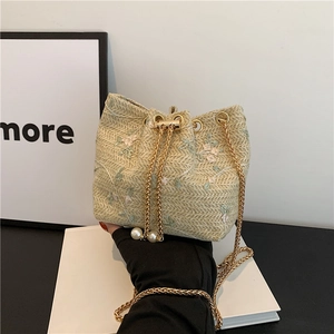 Woven Straw Bucket Bag Floral Embroidery Golden Chain Strap Artificial Pearl Drawstring Vintage Fashion Shoulder Handbag Women