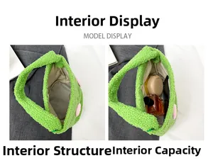 Detail view of the plush green tote bag interior showing capacity for daily cosmetics