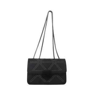 Classic black crossbody bag with silver rivet geometric patterns and metal chain strap
