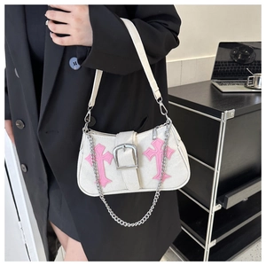 Chic white canvas underarm bag featuring pink cross patches and a silver buckle accent