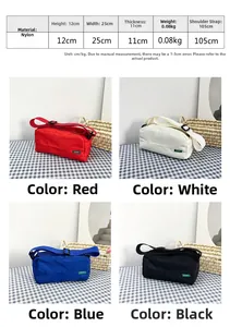 Minimalist nylon crossbody bag size guide 25x12x11cm with adjustable shoulder strap details