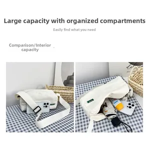 Detail view of large capacity white nylon crossbody bag showing interior storage space