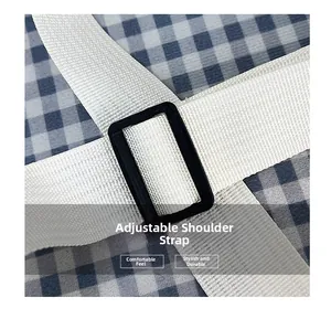 Detail of adjustable white woven strap with durable black plastic rectangular buckle