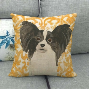 Linen decorative throw pillow cover featuring a watercolor Papillon dog on a geometric base