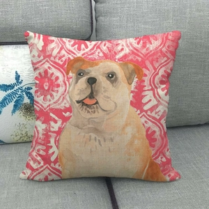Linen pillowcase detail featuring a watercolor bulldog on a red geometric background