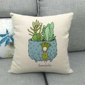Linen square pillow cover featuring a green cartoon succulent plant on a sofa